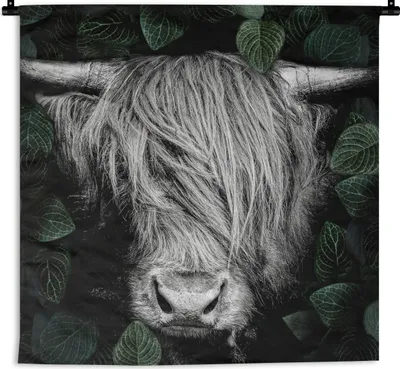Produktbild von MuchoWow® Wandteppich Wandbehang Scottish Hochlandrind - Blätter - Schwarz - Weiß 60x60 cm Tapisserie Dekoration Wandtuch - Dekorationen - Wand Decke
