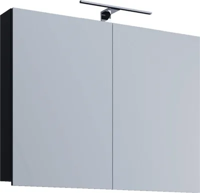 A modern, gray mirrored cabinet with a light fixture above it.