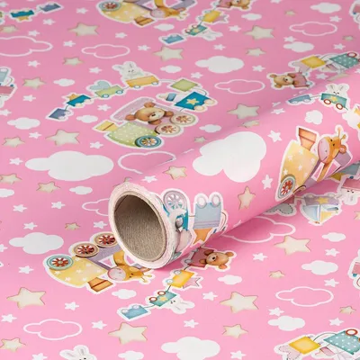 Produktbild von Geschenkpapier Eisenbahn, Rosa,  0,70 x 10 m  - Geburtstagspapier für Kinder