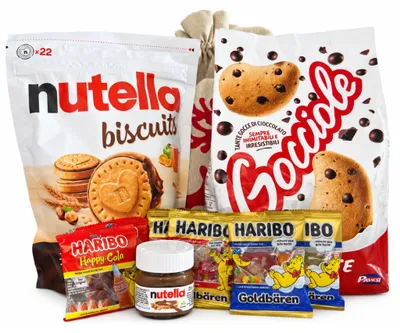 Zdjęcie produktu dla Zestaw mikołajkowy Orzechowa Rozkosz – słodycze Nutella, ciastka Pavesi i żelki Haribo w świątecznym worku na prezent