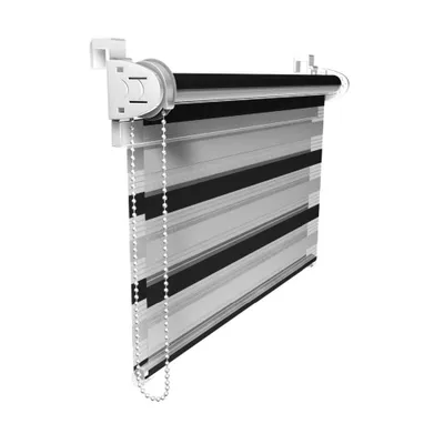 A roller blind with alternating opaque and transparent stripes, shown hanging from a mounting bracket.
