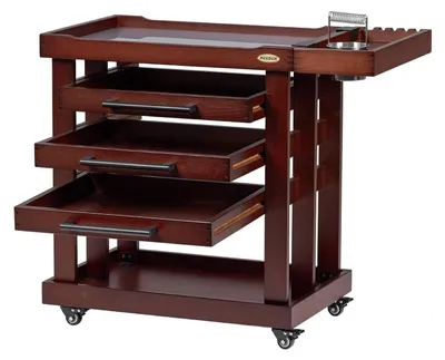 Immagine prodotto di Carrello a 5 ripiani con 3 cassetti, realizzato in legno di faggio massello, finitura noce scuro