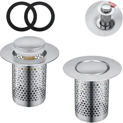 Produktbild von Doppel-Gootsteinfilter, Haarzeef aus Edelstahl, Gootsteinfilter mit Rückstoßkerne mit Messingdrehknopf, für Küche, Bad, Balkonabfluss