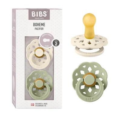Produktbild von BIBS Boheme Schnuller 2er-Pack. BPA-frei, Kirschform Nippel. Naturkautschuk / Latex, Hergestellt in Dänemark. Größe 2 (6-18 Monate), Ivory / Sage