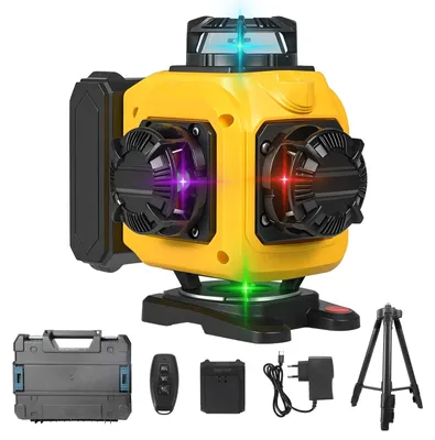 Obrázok produktu pre Laserová vodováha – 16-lúčový 3D/4D laser – Zelený laserový lúč – 360° horizontálne a vertikálne línie – Automatická nivelácia ≤3° – Statív – Plastový kufrík – 1 batéria