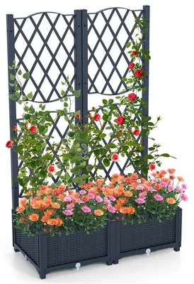 Immagine prodotto di Vasca da fiori KOMFOTTEU con griglia per piante rampicanti, aiuola rialzata con supporto per piante rampicanti e piante in vaso, aiuola profonda con fori di drenaggio, ideale per balconi, cortili e giardini (grigio, 80 x 40 x 122 cm)