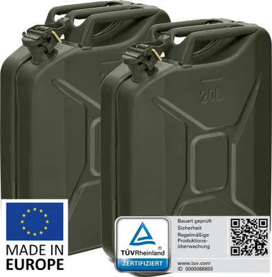 Produktbild von BW® Kraftstoffkanister Metall Benzinkanister 2x 20 Liter - Bronzegrün RAL 6031-F9 - UN-Zulassung - Hergestellt in Europa