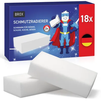 A product box for BROX Schmutzradierer (dirt erasers) with two sponges in the foreground.