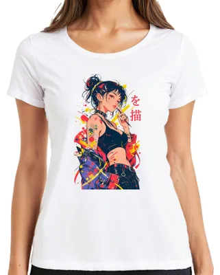 Immagine prodotto di Maglietta da donna, colore bianco, taglia L, con stampa di un'artista di anime, stile manga, per appassionati di cultura giapponese, ispirata allo stile Y2K
