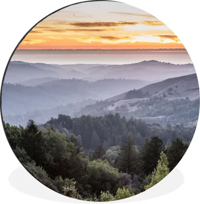 Produktbild von MuchoWow® Aluminium Wandkreis Berge - Sonne - Wald - Landschaft Ø 90 cm Wanddeko Modern Wohnzimmer - Mauerkreis - Wandbilder - Runde Bild - Bild aus Aluminium - Schlafzimmer - Wohnzimmerdekoration - Wand Dekoration
