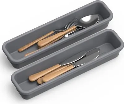 Produktbild von Besteckkasten für Schubladen, DIY Schubladen Organizer Küche, Silikon Cutlery Organizer, 2er-Pack, Feuchtigkeits und Hitzebeständig bis 200 °C, Rutschfest und Umweltfreundlich (Grau)