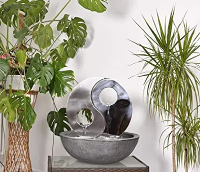 Produktbild von KÖHKO® Wassserwand Yin Yang mit LED-Beleuchtung Rund ca. Ø 48 cm Springbrunnen Wasserspiel aus Edelstahl mit Becken aus Polyresin 23018