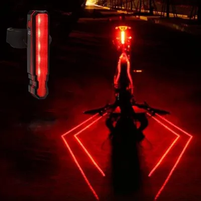 Image de Kit d'éclairage léger pour vélo - Rechargeable par USB - Feu arrière avec laser - 5 LED - 6 modes - Étanche - Pour les trajets de nuit et la sécurité