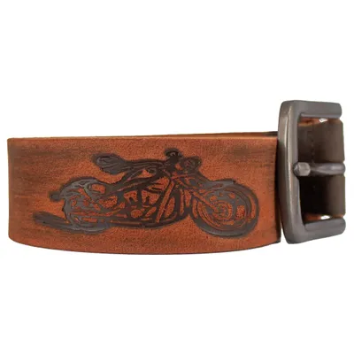Produktbild von Büffelleder Gürtel 38 mm breit mit Motorrad Motiv Taillenweite 125 cm, Gürtellänge 140 cm Echtleder Braun