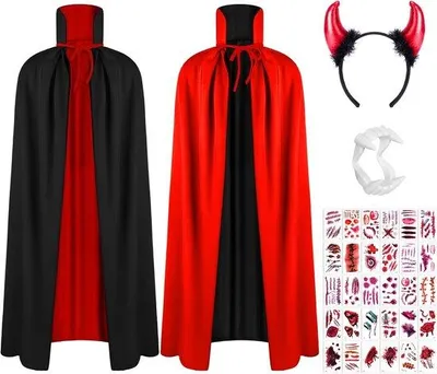 Productafbeelding van Zwart-rode cape, cape met capuchon, dubbelzijdig, met vampiertanden, vampierkostuum, cape, set voor volwassenen en kinderen, voor Halloween, carnaval, Kerstmis, 150 cm, 90 cm