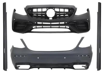 Imagen del producto de Kit de carrocería para Mercedes Clase E W213 (modelos 2016-2019) con aspecto E63, que incluye parachoques delantero, faldones laterales y rejilla.