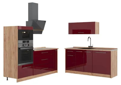 Imagen del producto de Cocina Vicco Fame-Line Rojo Burdeos alto brillo/Roble dorado 340 cm sin encimera, Model 63712