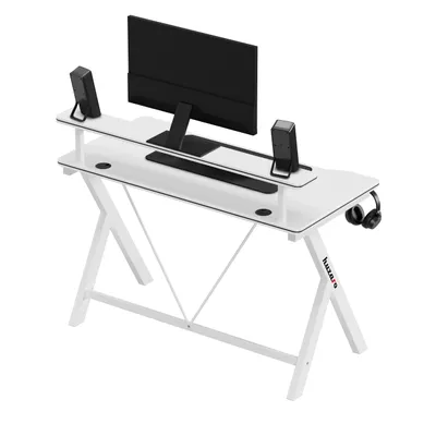 Produktbild von Huzaro Hero 1.9 White – Gaming-Schreibtisch 120 cm mit Regal, Carbon-Beschichtung, Kabelmanagement, Kopfhörerhaken, stabile Stahlkonstruktion
