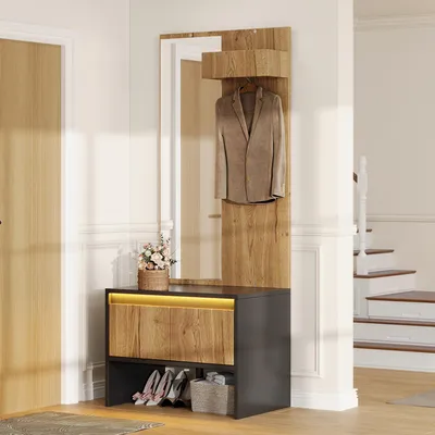 Produktbild von MODFU Garderoben-Set flur,Garderobensets mit Spiegel und Schuhbank,Garderobenständer Kleiderschrank mit Haken und 2 Schubladen,60×38×145cm Flurmöbel,Schwarz+Natur