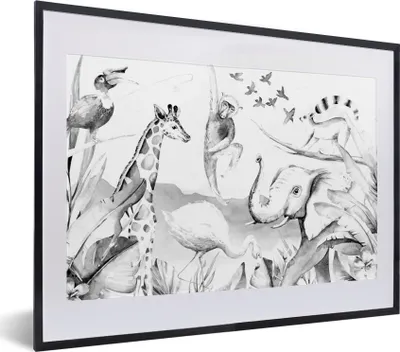 Produktbild von MuchoWow® Gerahmtes Poster Dschungel - Tiere - Aquarell - Jungen - Mädchen - Kinder - Kinder 40x30 cm - Poster mit Schwarzem Bilderrahmen Wandposter Rahmen Foto Bilder - Bilderrahmen - Poster im Rahmen