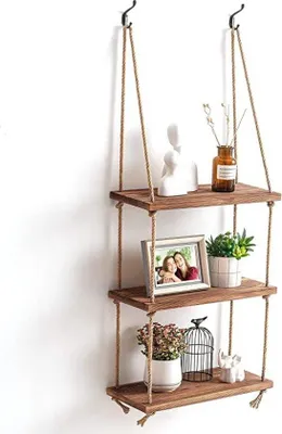 Produktbild von Famanu Wandregal 3 Ebenen, Boho-Design - Holz mit Schaukelseil