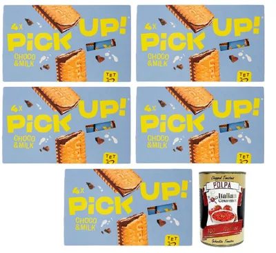 Produktbild von 5x Pick Up Choco & Milk,Milchschokolade Tafel mit Milchcreme Füllung im Doppelkeks,128g Packung,Jede Packung enthält 4 Kekse à 28g + Italian Gourmet Polpa di Pomodoro 400g Dose