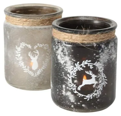 Windlicht-Set 2er, Hirsch/Leopard, Glas, 10 cm, grau