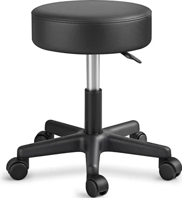 A black rolling stool on a white background.