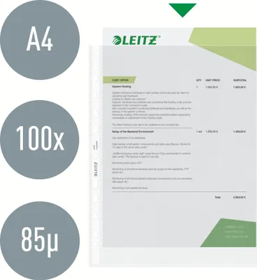 Produktbild von Leitz Prospekthülle, DIN A4, farblos, PP-Folie, 80 my, Oberfläche genarbt, oben offen, Universallochung, dokumentenecht, 100 Hüllen