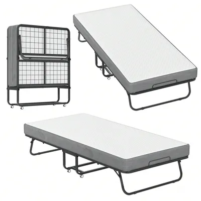 Zdjęcie produktu dla Łóżko składane QEENTOE, idealne jako łóżko dla gości, wymiary 200x90 cm, czarna metalowa rama, z materacem o grubości 13 cm, składane, z kółkami, metalowa konstrukcja, idealne jako łóżko podróżne