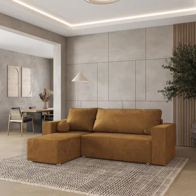 Produktbild von Masseno Ecksofa RAVELO M mit Schlaffunktion L-Form, Sofa mit Bettkasten, Wohnzimmersofa, Couch, Soffa, Bettsofa, Couchgarnitur- Gelb, MONOLITH 48