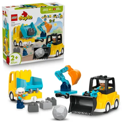Produktbild von LEGO DUPLO 3-in-1 Baufahrzeuge - Pädagogisches Montessori Spielzeug für Kleinkinder mit Lastwagen, Bagger und Radlader - Geburtstagsgeschenk für Jungen und Mädchen ab 2 Jahren - 10475