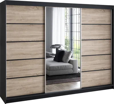 Produktbild von Schwebetürenschrank 200 cm, 3-türig, mit Spiegel & 4 Schubladen, Retro-Stil, modern, in Weiß/Schwarz/Sonoma – Kleiderschrank VILUNO 2