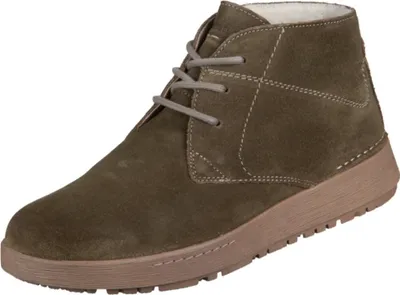 A single green suede boot with a brown sole and grey laces is shown against a white background.