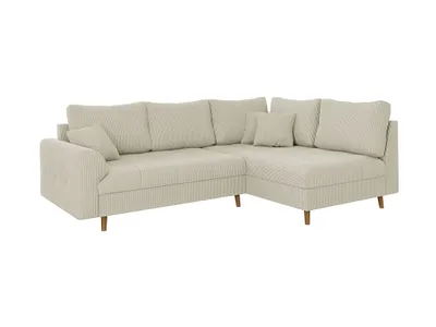 A beige corduroy sectional sofa with brown wooden legs is shown against a white background.