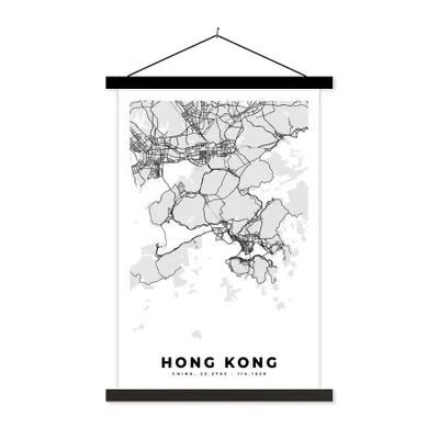 Produktbild von MuchoWow® Textilposter Hongkong - Stadtplan - Schwarz und weiß - Karte 120x180 cm mit schwarzem Rahmen - Fotos