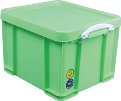 Produktbild von Really Useful Box – Box Aufbewahrungsbox 35 Liter, neongrün mit weißen Griffen