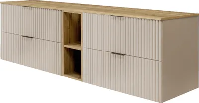 A long, wall-mounted bathroom cabinet with a fluted front and a wooden top.