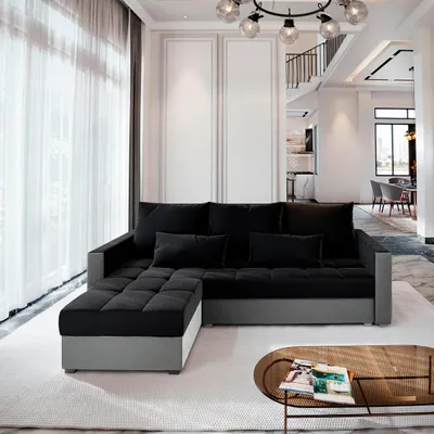 Produktbild von Masseno Ecksofa KOS PIK mit Schlaffunktion L-Form, Sofa mit Bettkasten, Wohnzimmersofa, Couch, Soffa, Bettsofa, Couchgarnitur- Schwarz, KRONOS 07 + PAROS 05