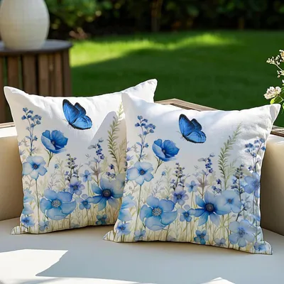 Obrázok produktu pre Sada 2 Záhradných poťahov na vankúše 40x40 cm, Odolné voči poveternostným vplyvom, Modrý kvetinový vzor