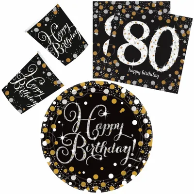 Produktbild von Geburtstag Gold Happy Birthday 80 Party-Set mit 32 Stück und 23 cm Tellern