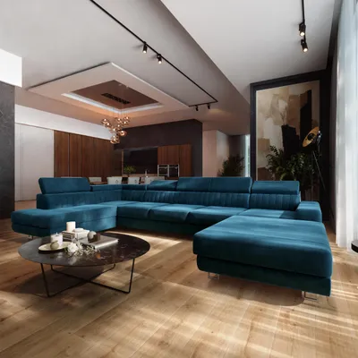 Produktbild von Masseno Ecksofa GAIAN mit Schlaffunktion U-Form, Sofa mit Bettkasten, Wohnzimmersofa, Couch, Soffa, Bettsofa, Couchgarnitur- Blau, MONOLITH 77
