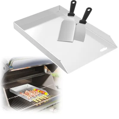 Productafbeelding van XINZI BBQ roestvrijstalen grillplaat, 30x20x4 cm, voor gelijkmatige warmteverdeling op gas- en houtskoolbarbecues, zonder handgreep – inclusief 2 spatels