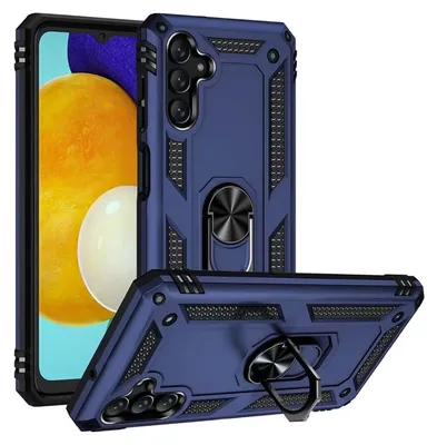 A blue protective phone case with a ring holder is shown from multiple angles, with a phone screen visible in the background.