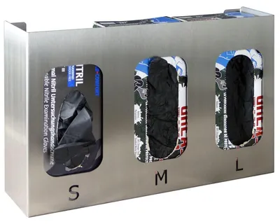 Produktbild von Edelstahl Wandspender für Einweghandschuhe und Handtuchboxen, rostfrei, für 3 Packungen, Größen S/M/L, Bohrungsabstand 340x200mm
