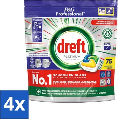 Produktbild von Dreft Professional Platinum All-In-One Spülmaschinenkapseln – Zitrone – Anti-Kalk – 75 Kapseln - Vorteilspack - 4 Stücke