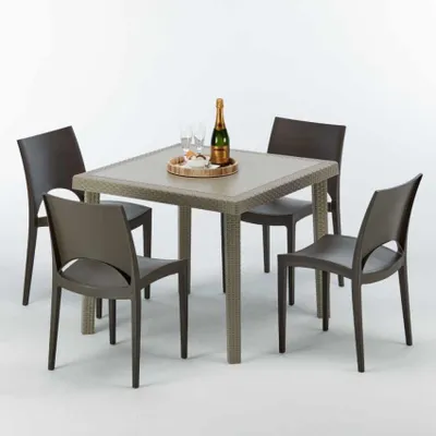 Produktbild von Polyrattan Tisch Quadratisch mit 4 Bunten Stühlen 90x90 Beige Elegance