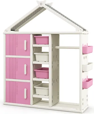 Produktbild von COSTWAY Kinderregal, Bücherregal Kinder, Spielzeugregal  mit Kleiderstange, Regalen, Seitenkörben & 4 Aufbewahrungsboxen, Spielzeugschrank, Rosa