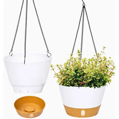 Image de Lot de 2 pots suspendus, diamètre 20,3 cm, couleur blanche, avec trou de drainage et crochet, pour intérieur et extérieur