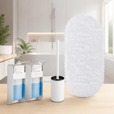 Obrázek produktu pro Hygienická sada do koupelny (3dílná) - nástěnný WC kartáč, koupelnová předložka a dávkovač mýdla